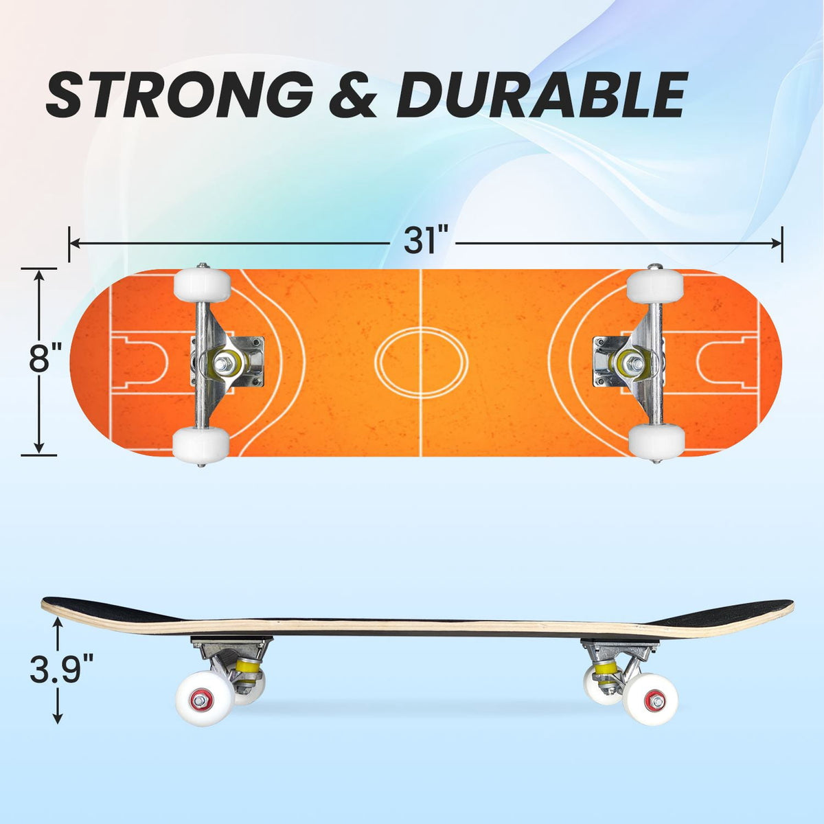31"x8" Complete Skateboards for Beginners,Vintage Baseball Worn Red Stitches Rustic Double Kick 7 Ply Canadian Maple Deck Skateboard with Wheels, Sports Gifts for Kids Teens