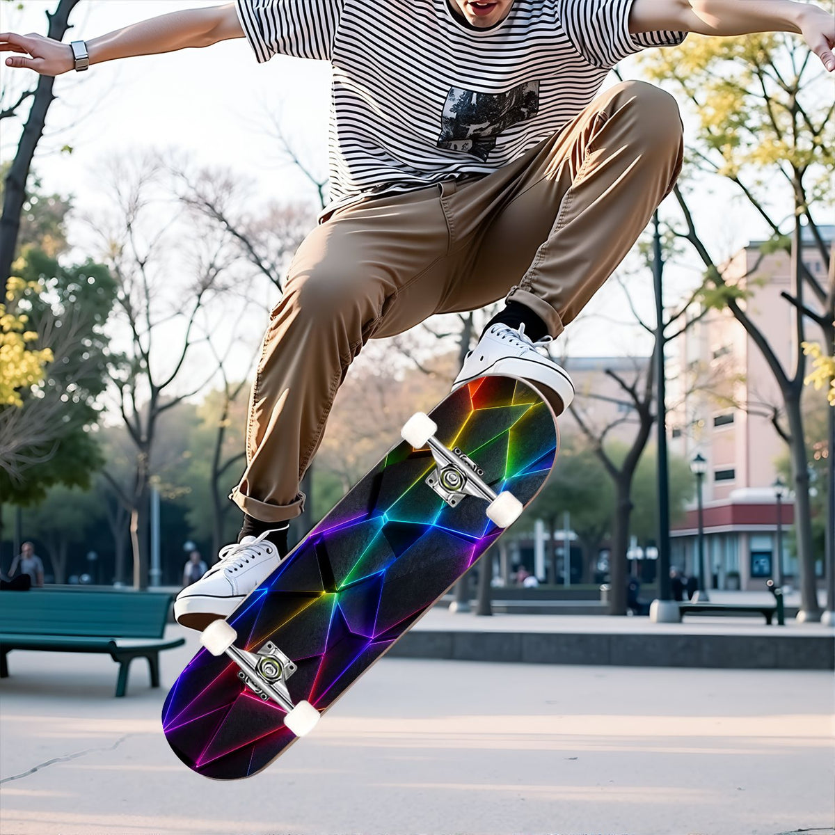 31"x8" Complete Skateboards for Beginners, Abstract Geometric Vibrant Neon Line Accents Dark Futuristic Double Kick 7 Ply Canadian Maple Deck Skateboard with Wheels, Gifts for Boys Teens