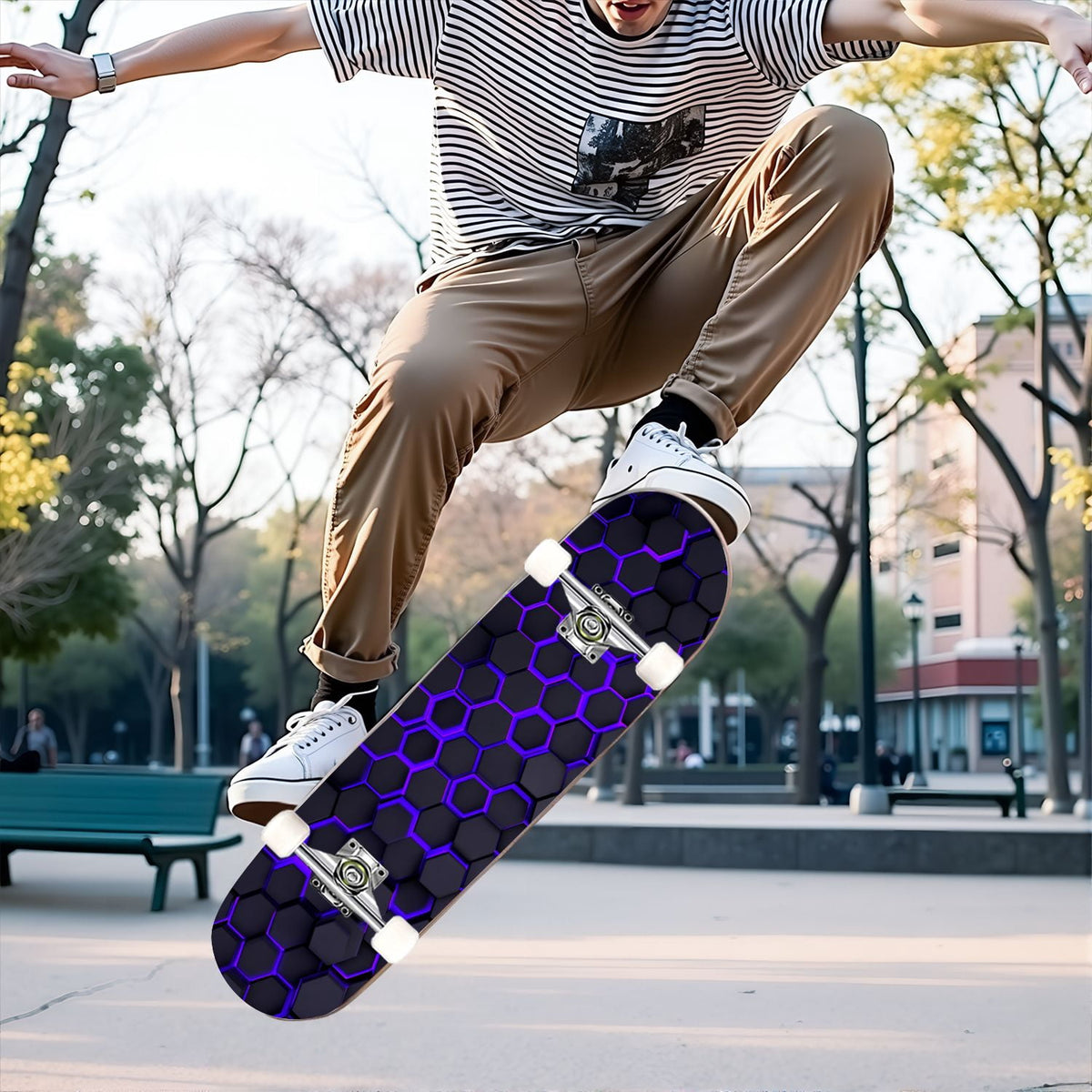 31"x8" Complete Skateboards for Beginners,Geometric Hexagon Glowing Neon Blue Purple Double Kick 7 Ply Canadian Maple Deck Skateboard with Wheels, Gifts for Kids Teens