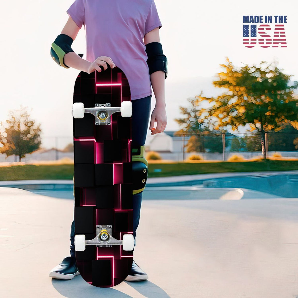 31"x8" Complete Skateboards for Beginners, Honeycomb Futuristic Hexagonal Neon Glowing Orange Light Double Kick 7 Ply Canadian Maple Deck Skateboard with Wheels, Gifts for Kids Teens