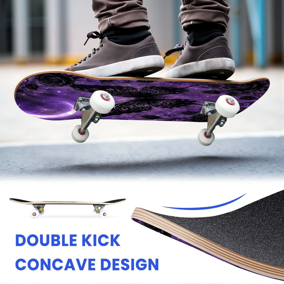 31"x8" Complete Skateboards for Beginners, Purple Floral Roses Butterfly Starry Vintage Botanical Double Kick 7 Ply Canadian Maple Deck Skateboard with Wheels, Gifts for Kids Teens