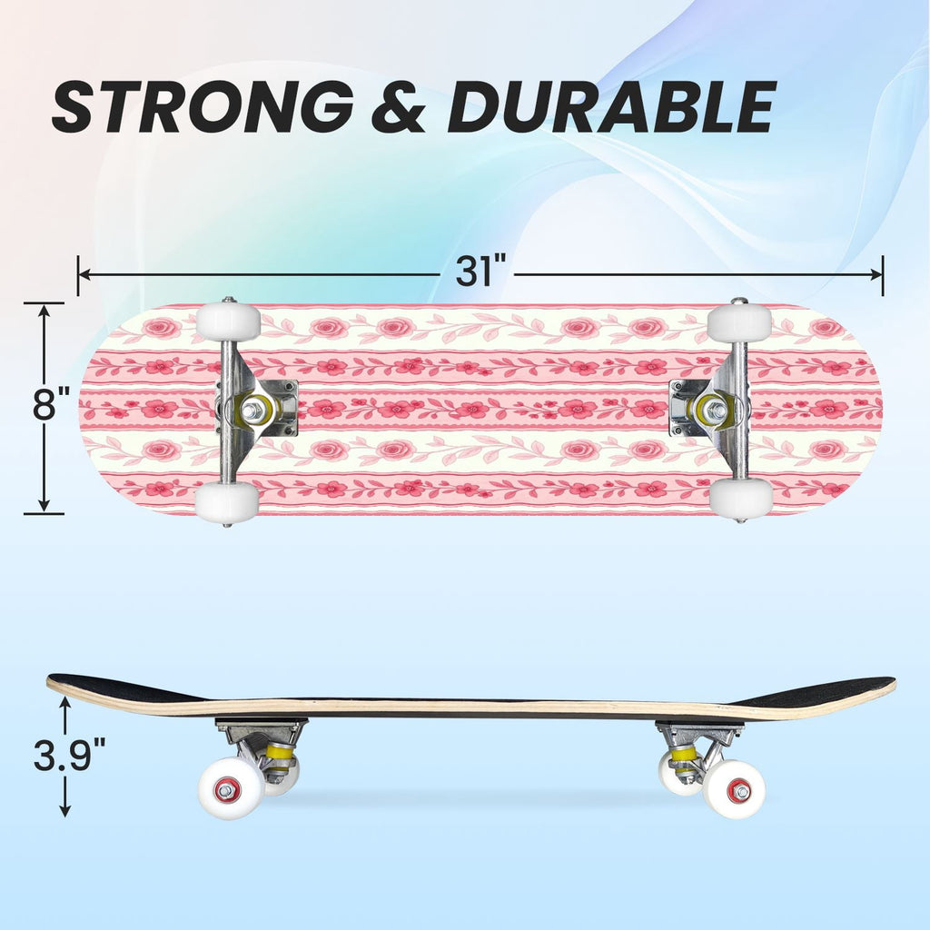 31"x8" Complete Skateboards for Beginners, Pink Floral Striped Delicate Leaves Flowers Botanical Double Kick 7 Ply Canadian Maple Deck Skateboard with Wheels, Gifts for Girls Teens