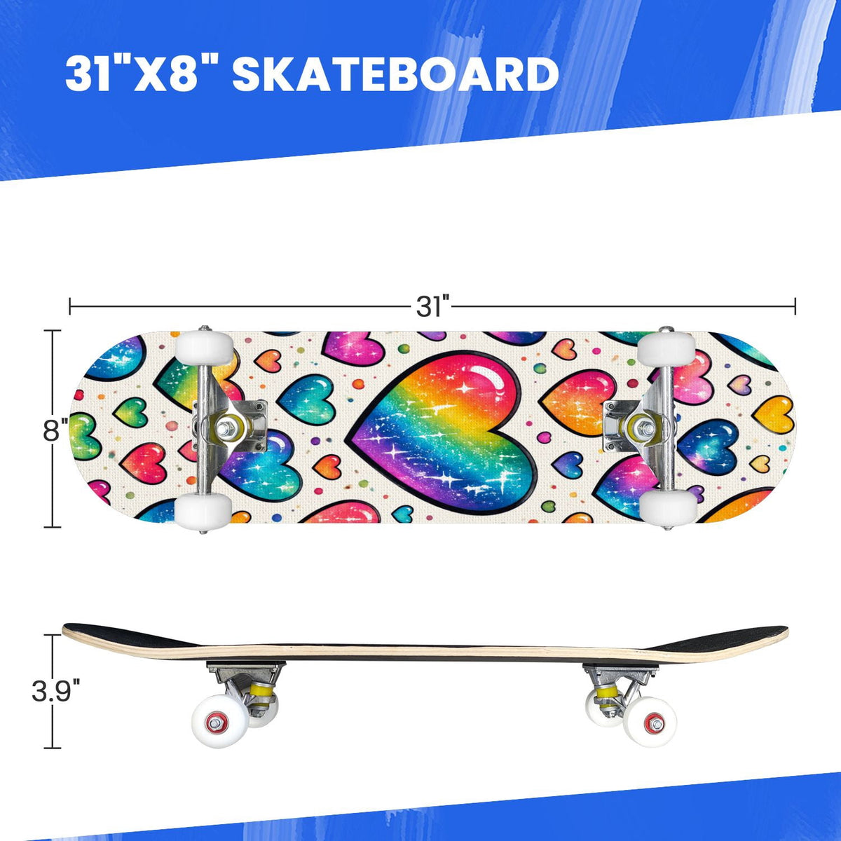 Complete Skateboard Colorful Hearts Graffiti 31 Inch 7-Ply Maple Skateboard with PU Wheels and Aluminum Trucks, Ready-to-Ride Skateboard for Beginners, Teens and Adults