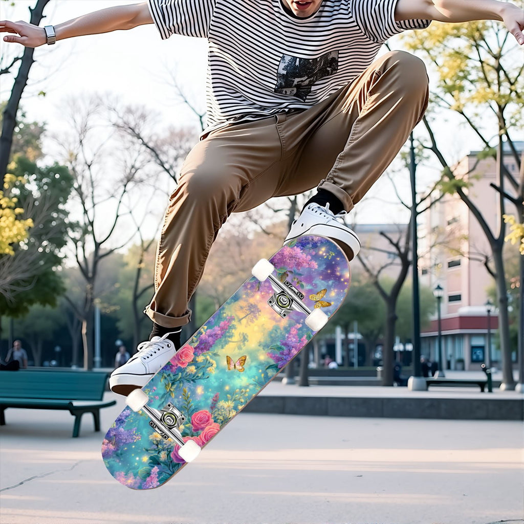 31"x8" Complete Skateboards for Beginners,Pink Cream Vertical Stripes Double Kick 7 Ply Canadian Maple Deck Skateboard with Wheels, Gifts for Kids Teens