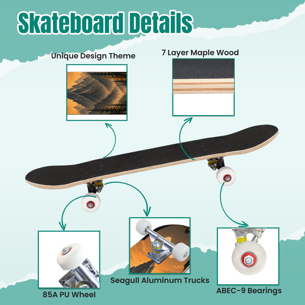 Forest Tree Wood Green Pine Trees Autumn Leaves Fog Misty 31" x 8" Complete Skateboard, 7-Ply Canadian Maple Double Kick Trick Board for Kids and Beginners Adult Gifts