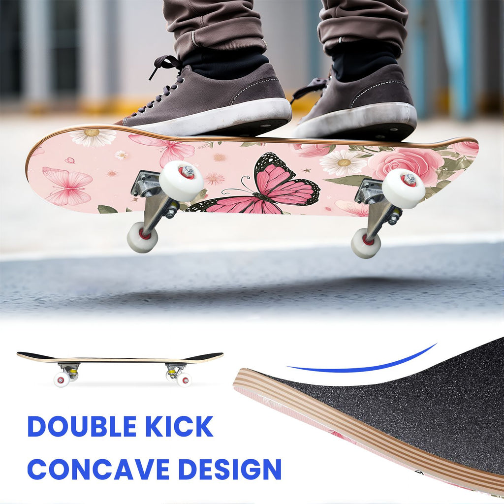 31"x8" Complete Skateboards for Beginners, Elegant Floral Pink Roses Blue Butterflies Double Kick 7 Ply Canadian Maple Deck Skateboard with Wheels, Gifts for Kids Teens