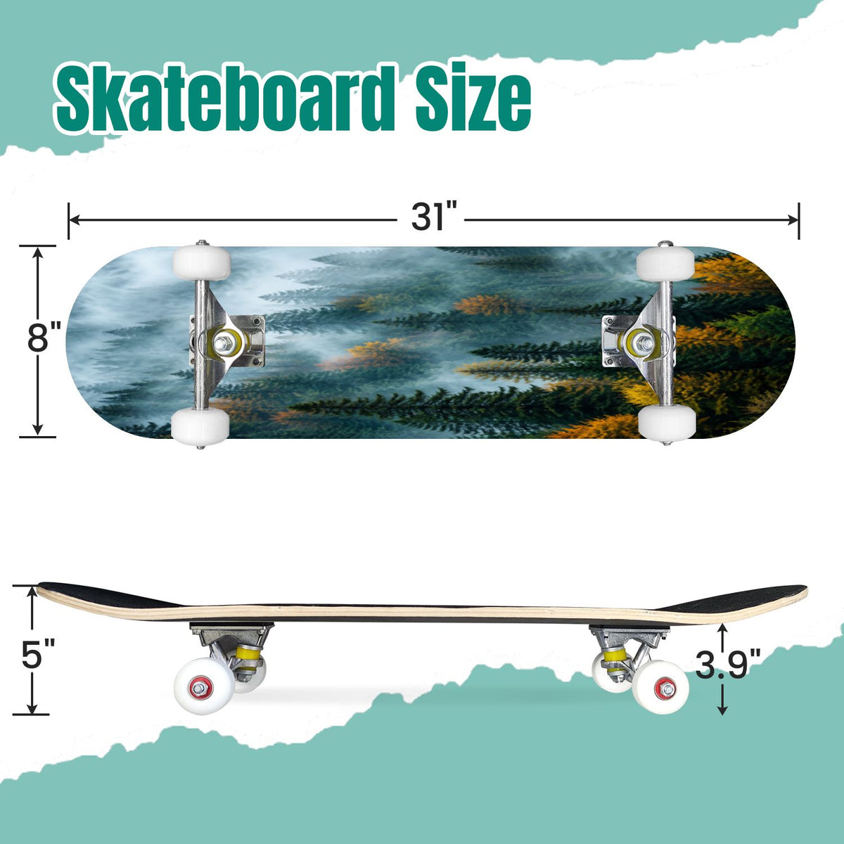 Forest Tree Wood Green Pine Trees Autumn Leaves Fog Misty 31" x 8" Complete Skateboard, 7-Ply Canadian Maple Double Kick Trick Board for Kids and Beginners Adult Gifts