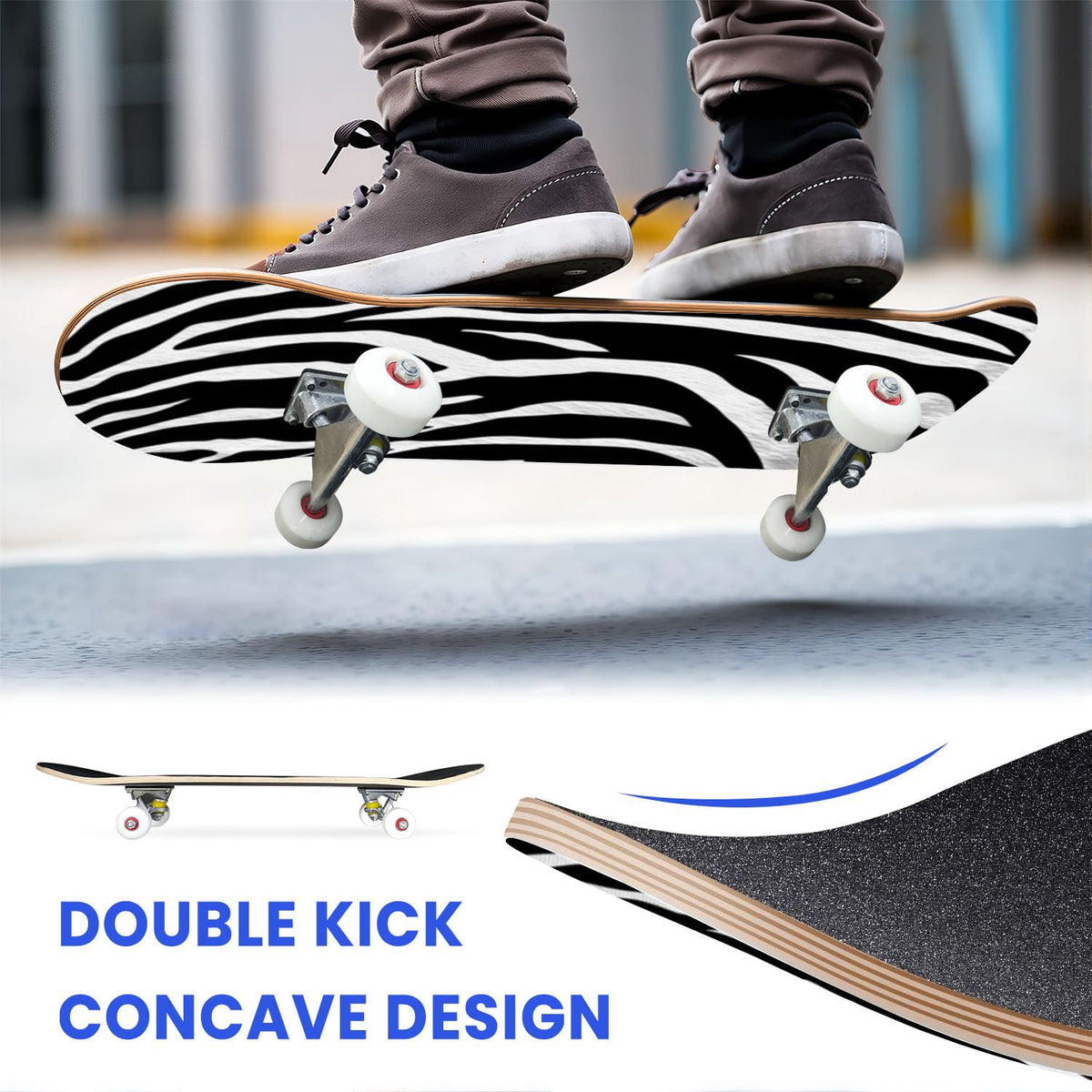 31"x8" Complete Skateboards for Beginners,Leopard Print Black Brown Beige Double Kick 7 Ply Canadian Maple Deck Skateboard with Wheels, Gifts for Kids Teens