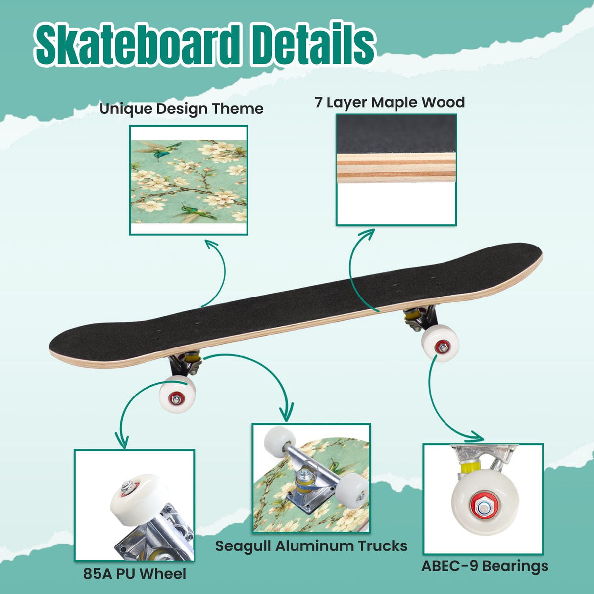 Forest Tree Wood Green Pine Trees Autumn Leaves Fog Misty 31" x 8" Complete Skateboard, 7-Ply Canadian Maple Double Kick Trick Board for Kids and Beginners Adult Gifts