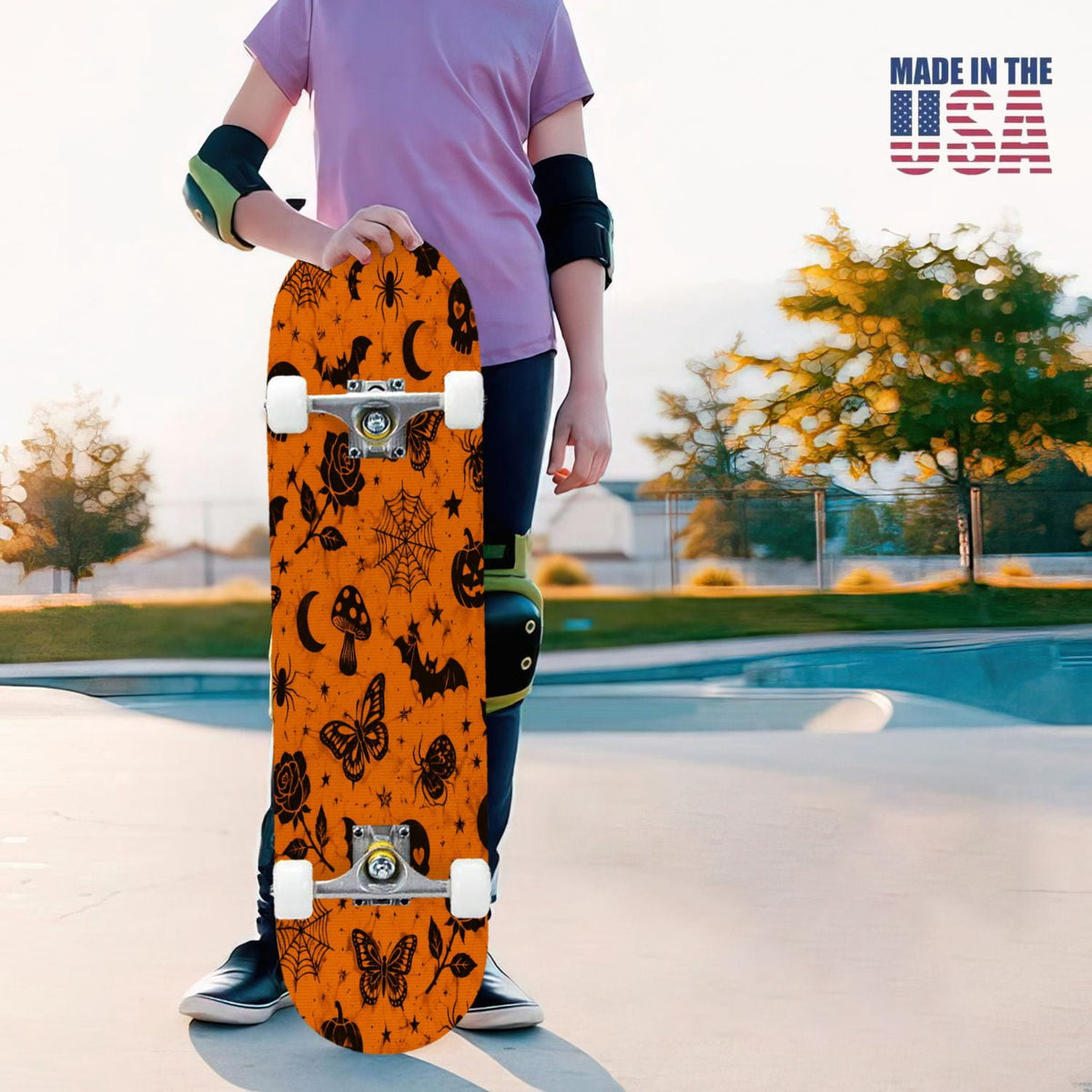 31"x8" Complete Skateboards for Beginners,Halloween Black Cats Pumpkins Ghosts Bats Beige Double Kick 7 Ply Canadian Maple Deck Skateboard with Wheels, Gifts for Kids Teens