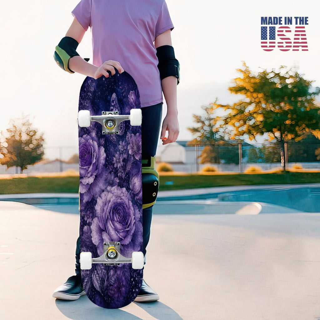 31"x8" Complete Skateboards for Beginners, Purple Floral Roses Butterfly Starry Vintage Botanical Double Kick 7 Ply Canadian Maple Deck Skateboard with Wheels, Gifts for Kids Teens