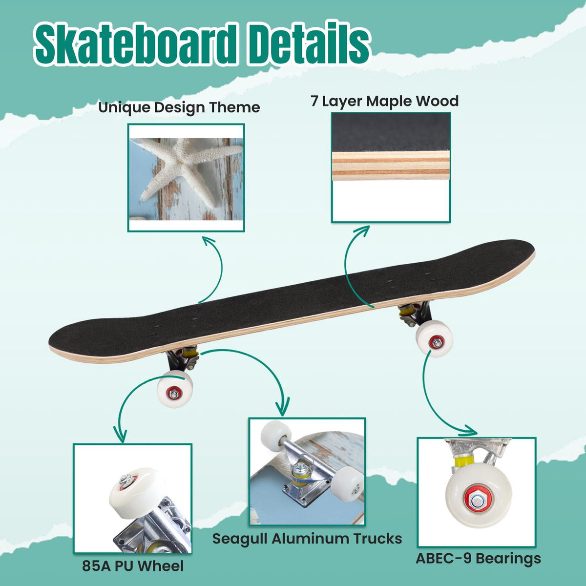 Tropical Jungle Leaf Teal Green Botanical 31" x 8" Complete Skateboard, 7-Ply Canadian Maple Double Kick Trick Board for Kids and Beginners Adult Gifts