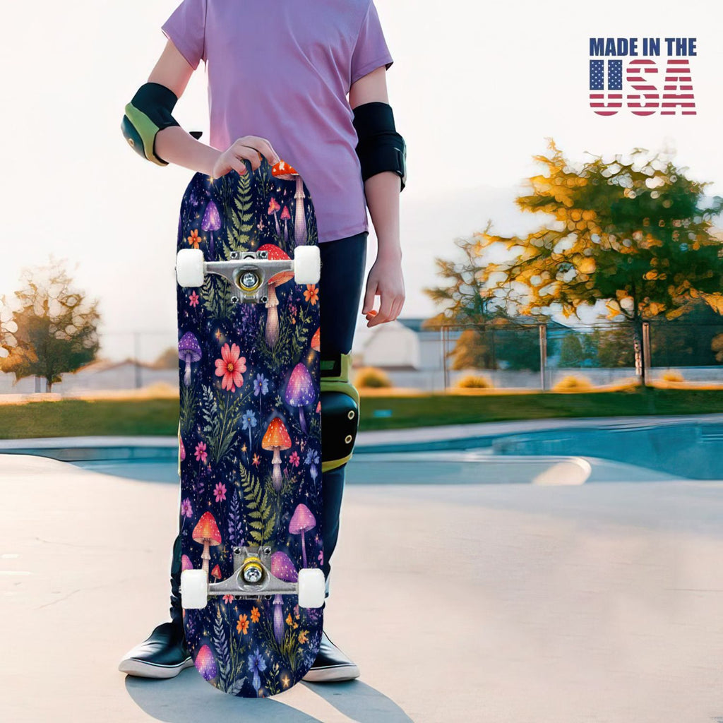 31"x8" Complete Skateboards for Beginners, Colorful Mushroom Floral Magical Night Forest Vintage Double Kick 7 Ply Canadian Maple Deck Skateboard with Wheels, Gifts for Kids Teens