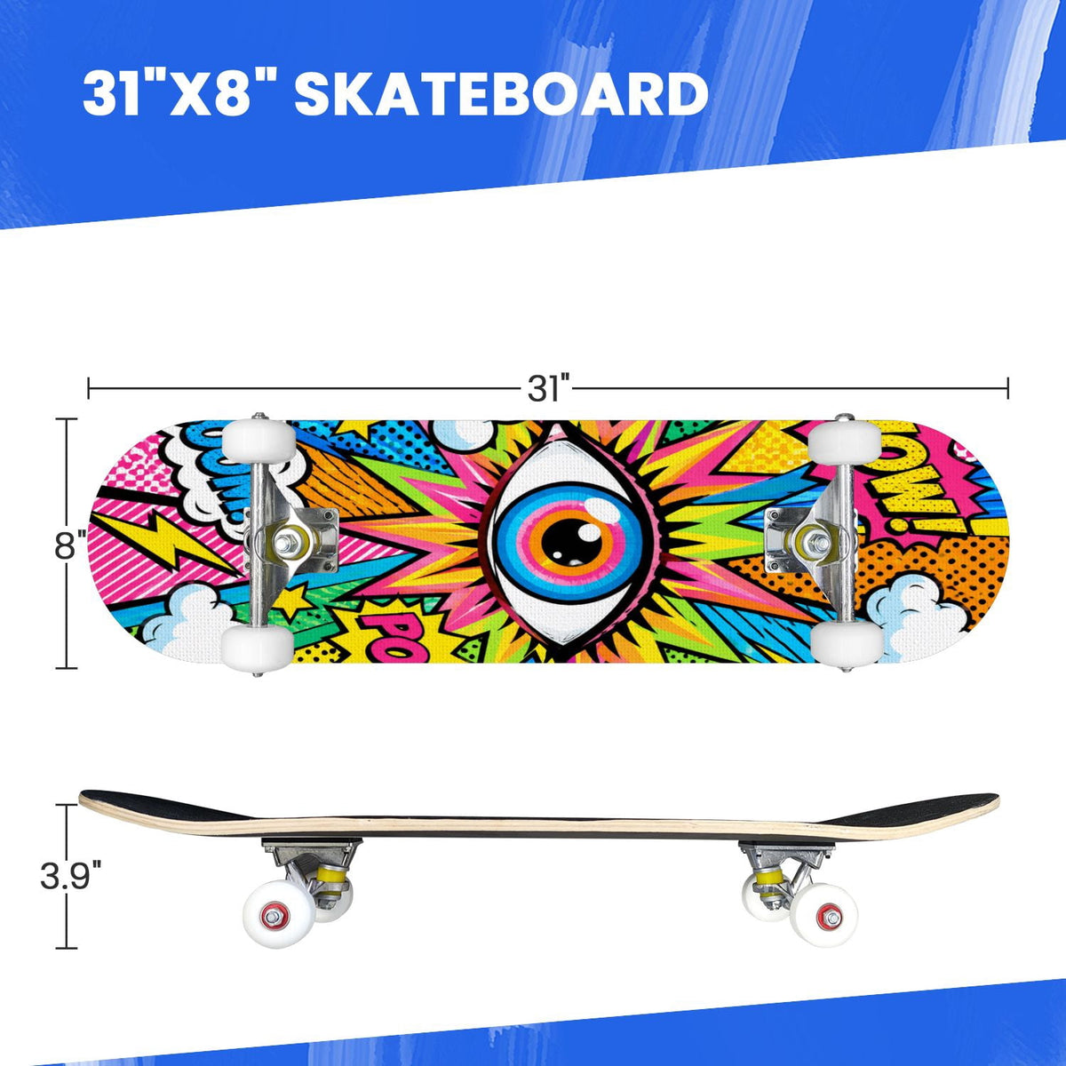 Complete Skateboard Vibrant Comic Eye 31 Inch 7-Ply Maple Skateboard with PU Wheels and Aluminum Trucks, Ready-to-Ride Skateboard for Beginners, Teens and Adults