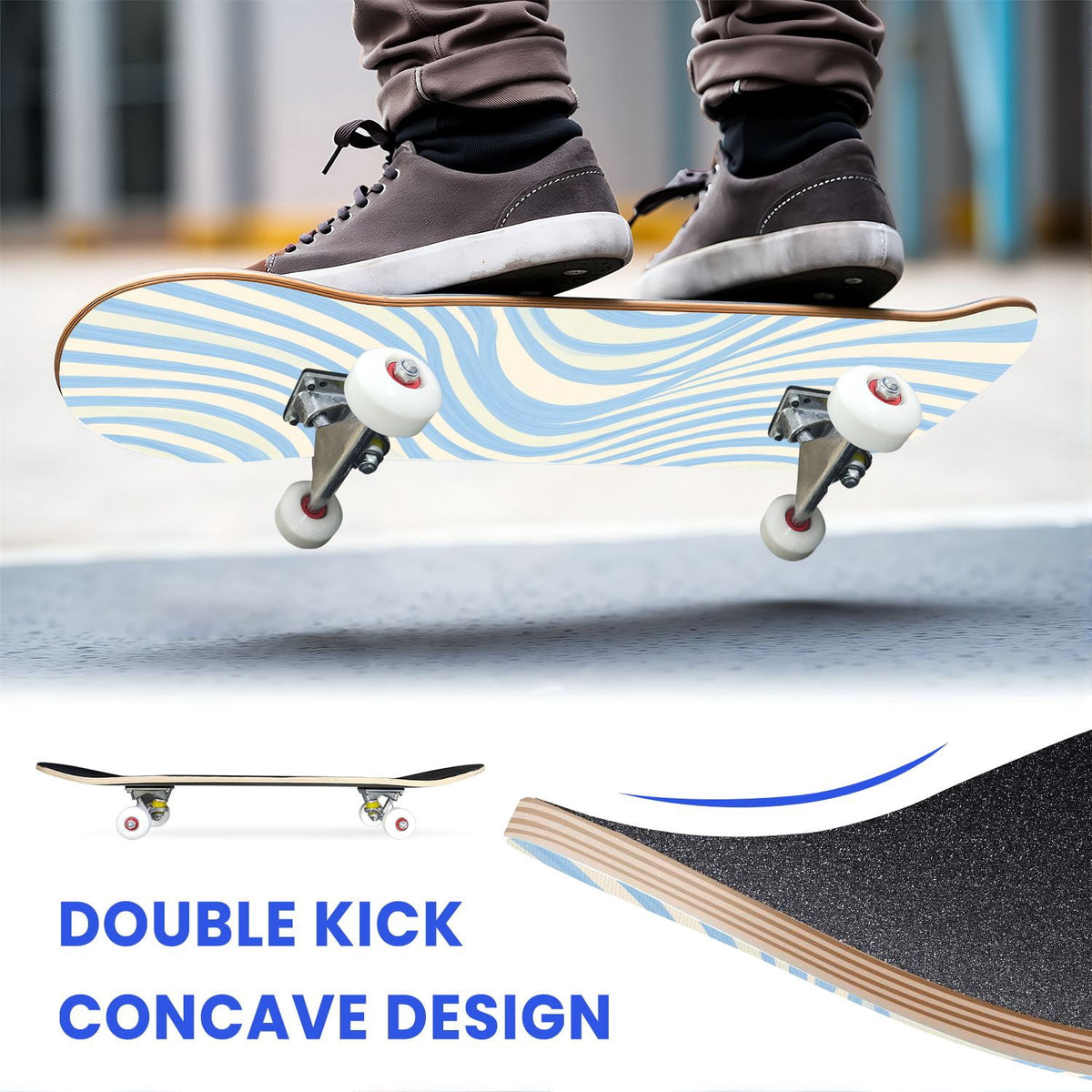 31"x8" Complete Skateboards for Beginners, Abstract Pastel Swirl Soft Earthy Tones Double Kick 7 Ply Canadian Maple Deck Skateboard with Wheels, Gifts for Kids Teens