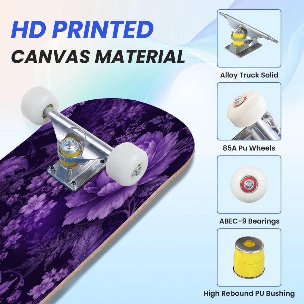 31"x8" Complete Skateboards for Beginners, Purple Celestial Moon Sun Art Floral Stars Double Kick 7 Ply Canadian Maple Deck Skateboard with Wheels, Gifts for Kids Teens