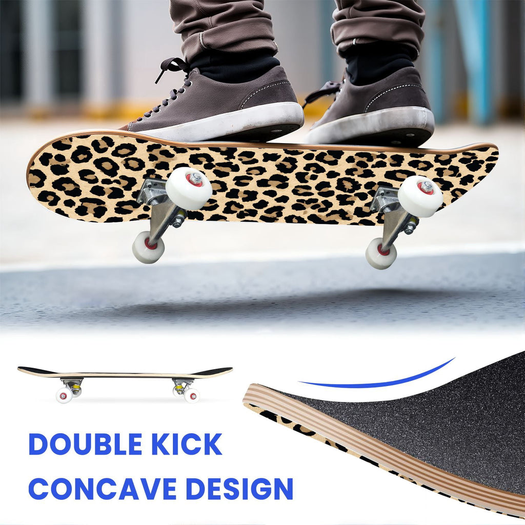 31"x8" Complete Skateboards for Beginners,Leopard Print Black Brown Beige Double Kick 7 Ply Canadian Maple Deck Skateboard with Wheels, Gifts for Kids Teens