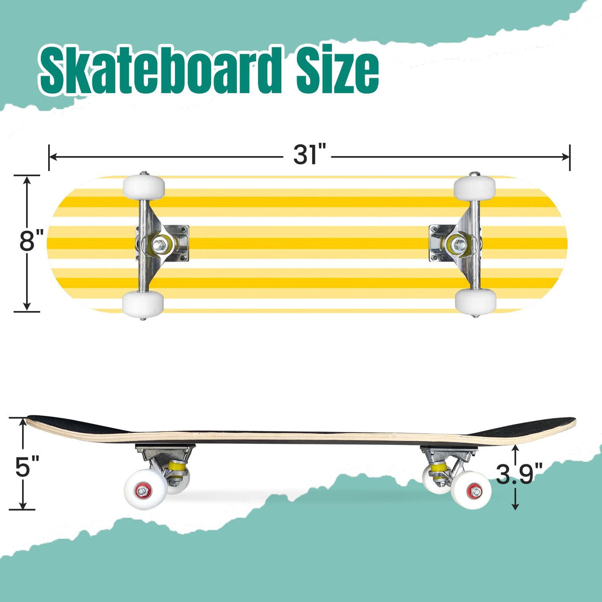 Yellow White Vertical Striped Soft Gradient Lines Minimalist Design 31" x 8" Complete Skateboard, 7-Ply Canadian Maple Double Kick Trick Board for Kids and Beginners Adult Gifts