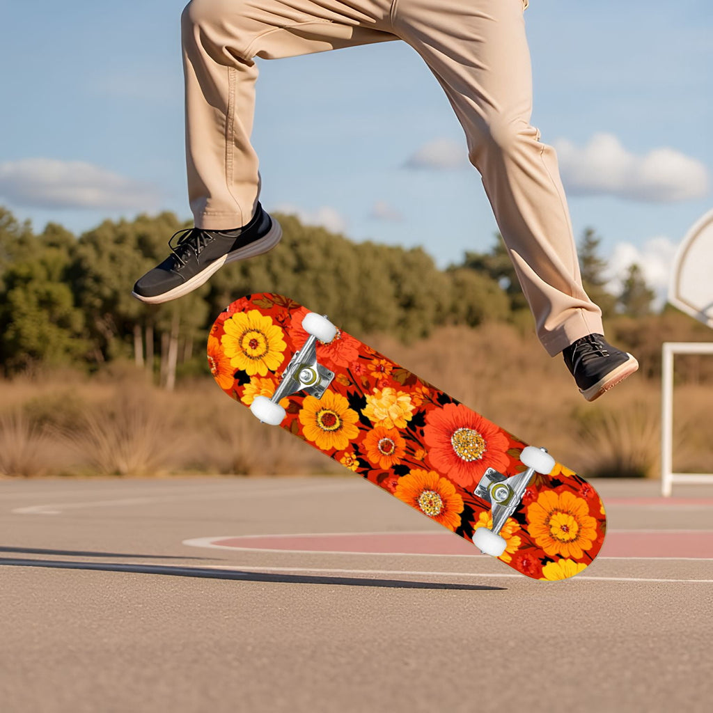 Elegant Cream Peach Peony Floral Green 31" x 8" Complete Skateboard, 7-Ply Canadian Maple Double Kick Trick Board for Kids and Beginners Adult Gifts