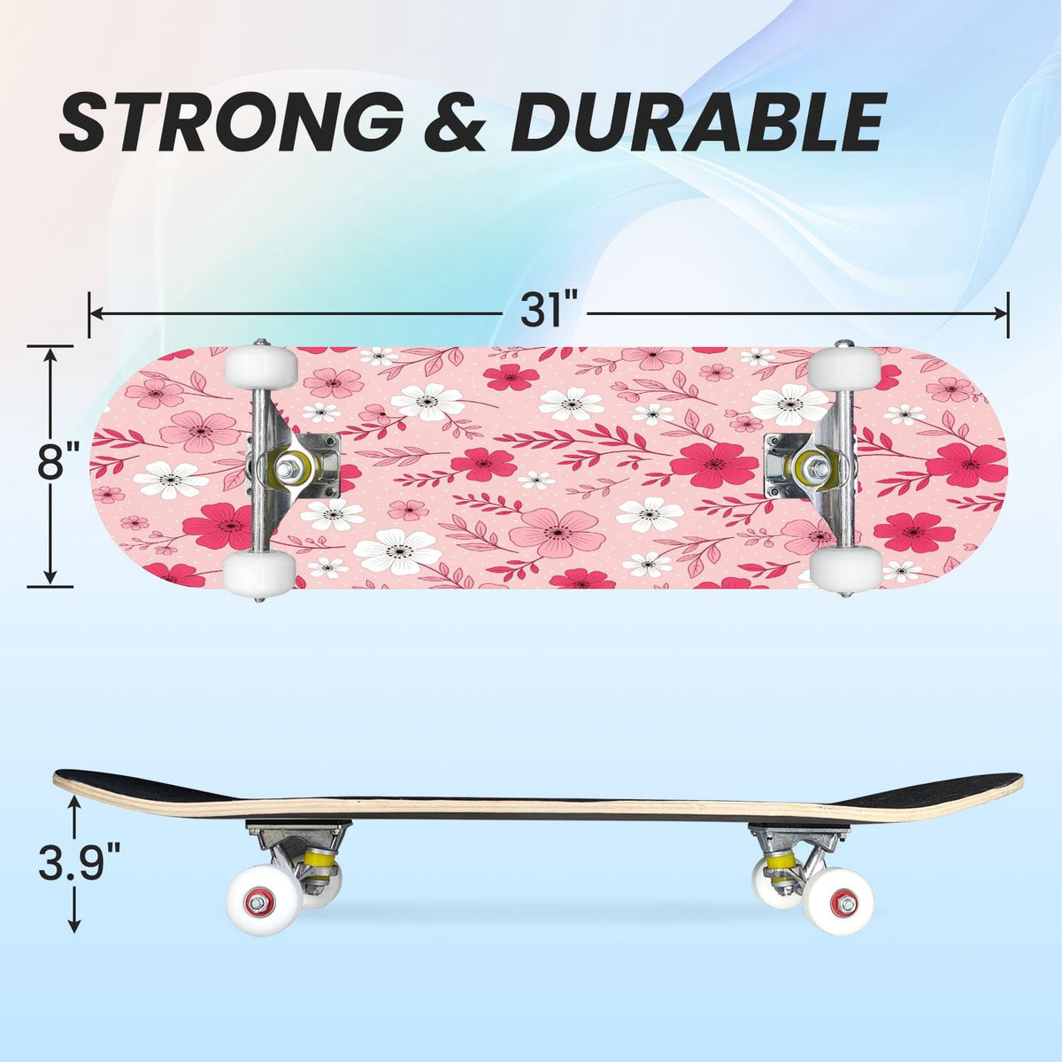 31"x8" Complete Skateboards for Beginners, Pink Floral Striped Delicate Leaves Flowers Botanical Double Kick 7 Ply Canadian Maple Deck Skateboard with Wheels, Gifts for Girls Teens