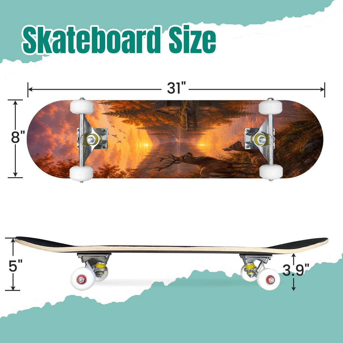 Modern Botanical Watercolor Pink Gold Mint Navy Leaves 31" x 8" Complete Skateboard, 7-Ply Canadian Maple Double Kick Trick Board for Kids and Beginners Adult Gifts