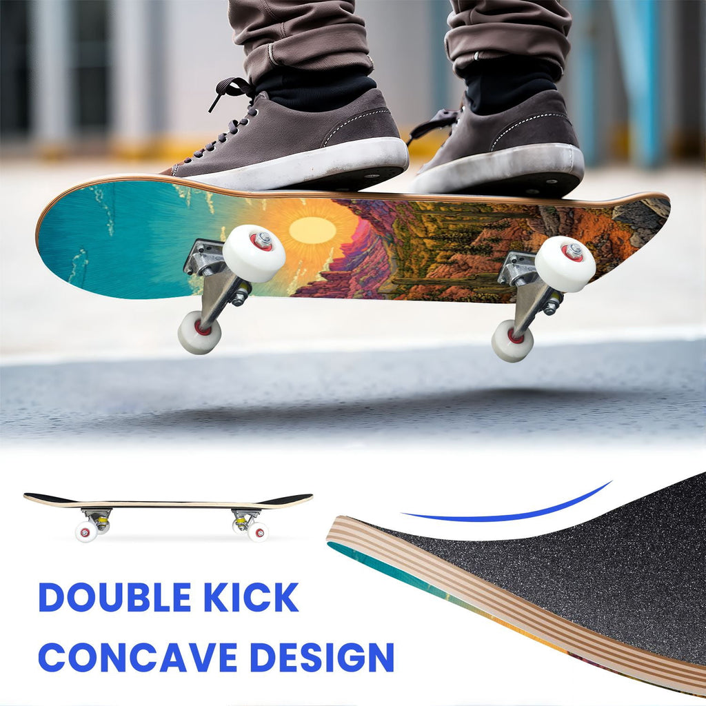 31"x8" Complete Skateboards for Beginners, Blue Deep Sea Sailing Ship Octopus Lighthouse Clouds Ocean Double Kick 7 Ply Canadian Maple Deck Skateboard with Wheels, Gifts for Kids Teens