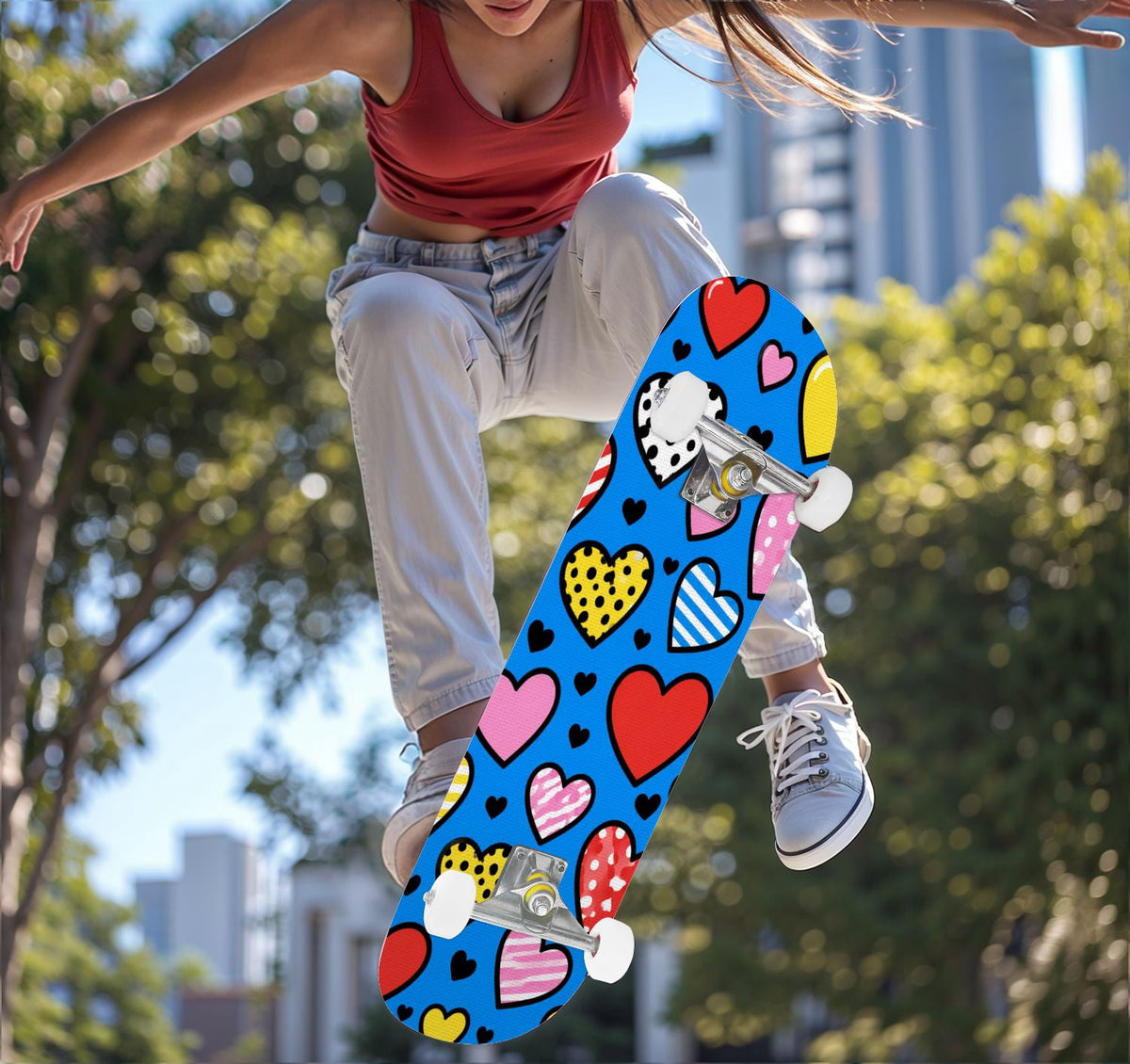 Complete Skateboard Colorful Hearts Graffiti 31 Inch 7-Ply Maple Skateboard with PU Wheels and Aluminum Trucks, Ready-to-Ride Skateboard for Beginners, Teens and Adults