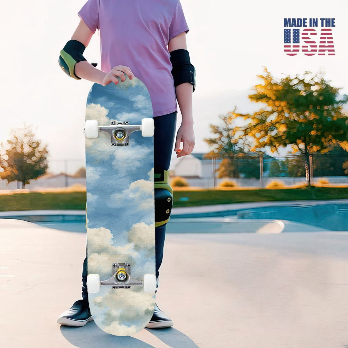 31"x8" Complete Skateboards for Beginners, Pastel Sky Fluffy Clouds Pink Purple Blue Summer Decor Double Kick 7 Ply Canadian Maple Deck Skateboard with Wheels, Gifts for Kids Teens