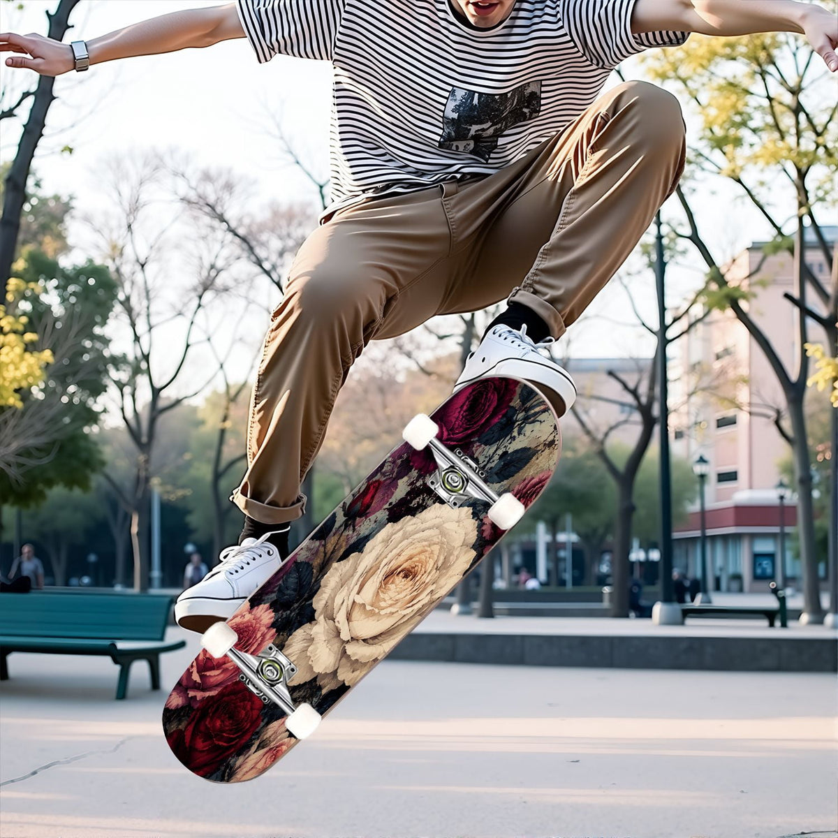 31"x8" Complete Skateboards for Beginners,Vintage Botanical Skull Flowers Elements Dark Double Kick 7 Ply Canadian Maple Deck Skateboard with Wheels, Gifts for Kids Teens
