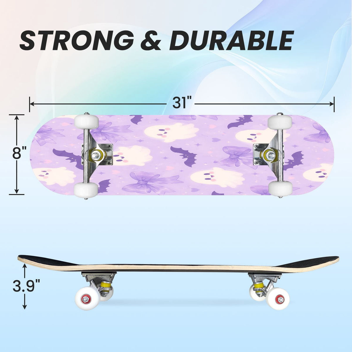 31"x8" Complete Skateboards for Beginners,Cute Ghosts Purple Bows Bats Lilac Halloween Double Kick 7 Ply Canadian Maple Deck Skateboard with Wheels, Gifts for Kids Teens