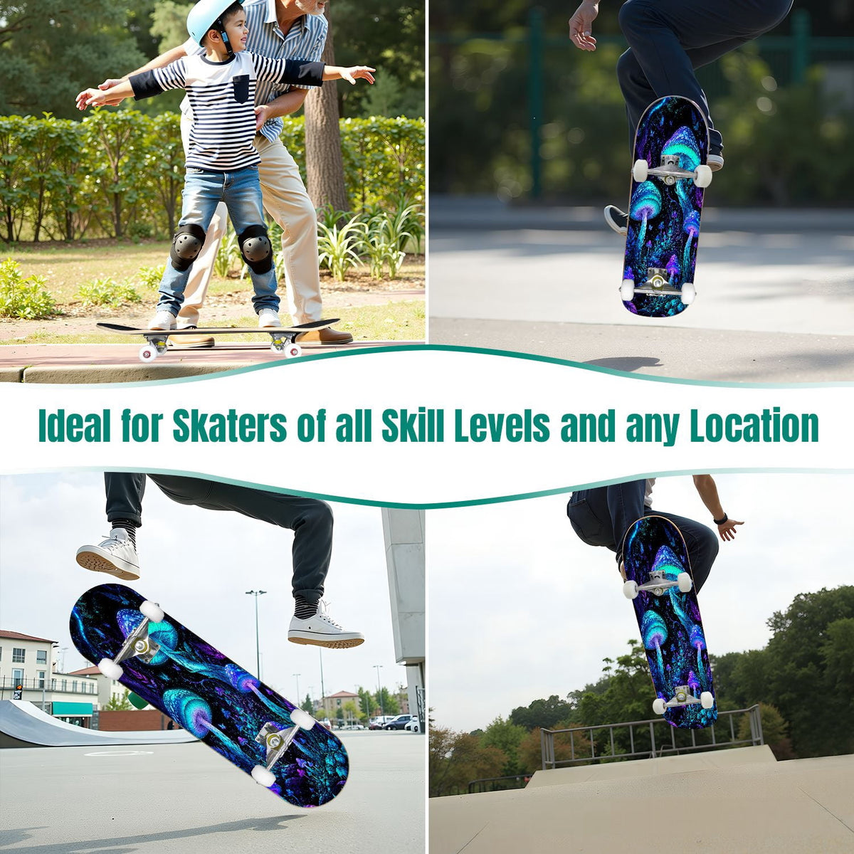 31"x8" Complete Skateboards for Beginners, Glowing Bioluminescent Mushrooms Mystical Forest Double Kick 7 Ply Canadian Maple Deck Skateboard with Wheels, Gifts for Kids Teens