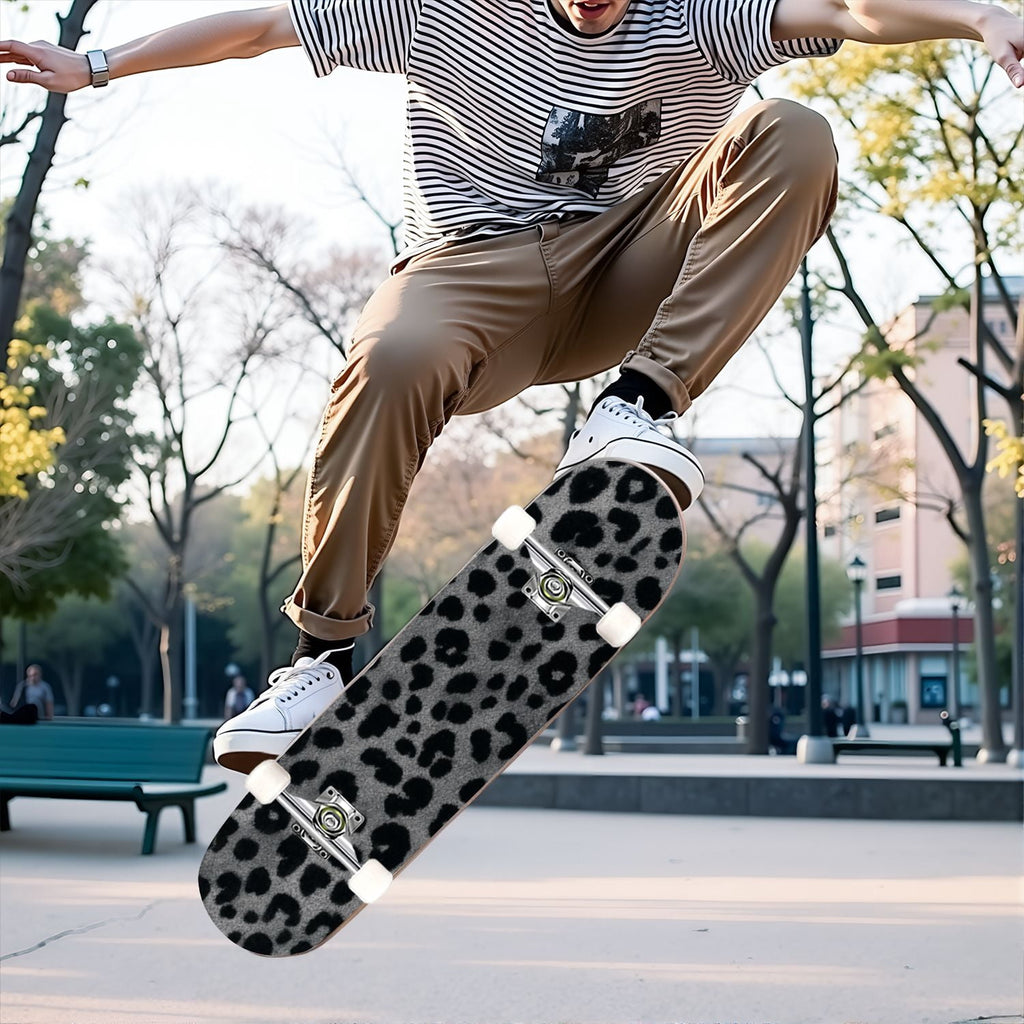 31"x8" Complete Skateboards for Beginners,Black Leopard Print Grey Double Kick 7 Ply Canadian Maple Deck Skateboard with Wheels, Gifts for Kids Teens