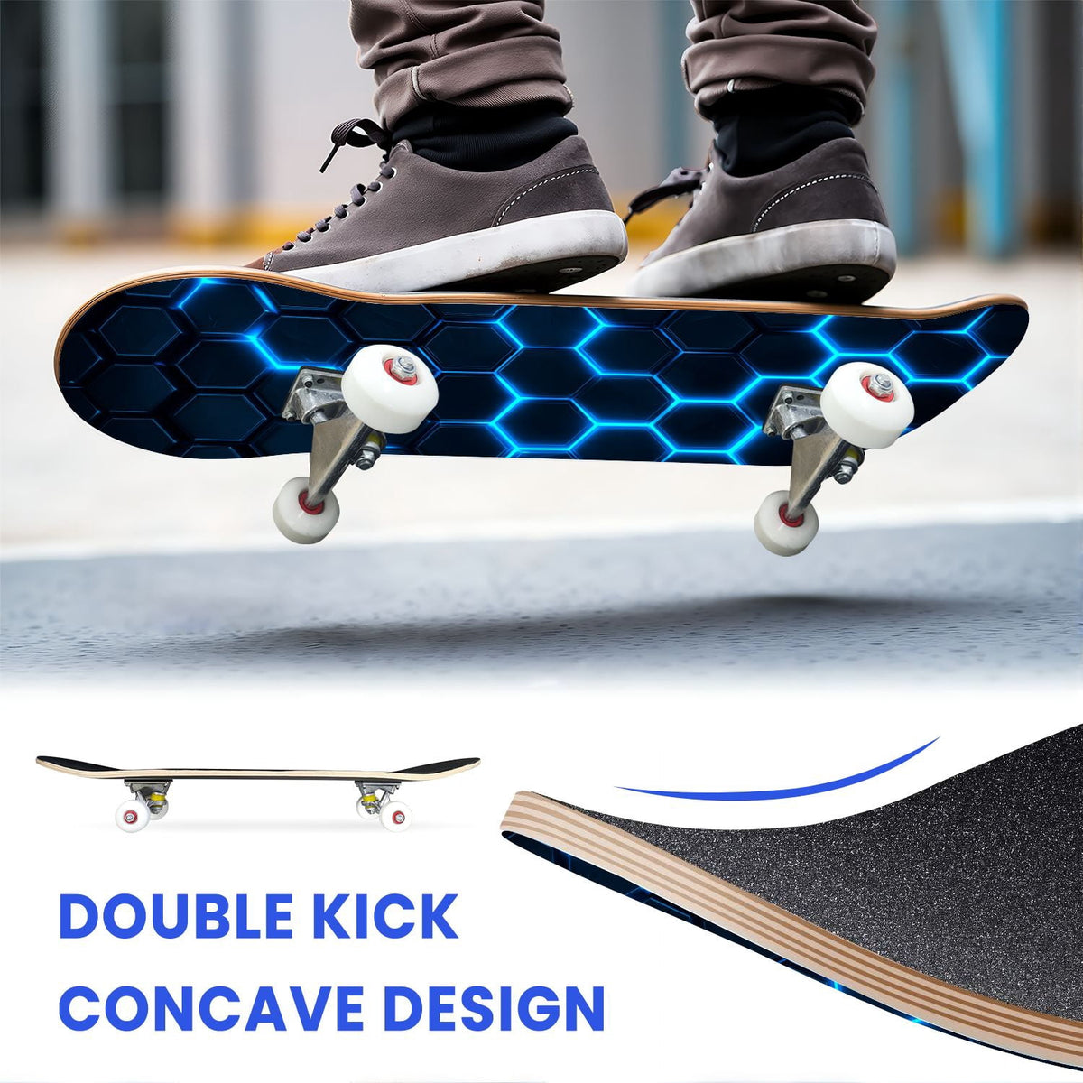 31"x8" Complete Skateboards for Beginners,Hexagon neon blue glow futuristic Double Kick 7 Ply Canadian Maple Deck Skateboard with Wheels, Gifts for Kids Teens