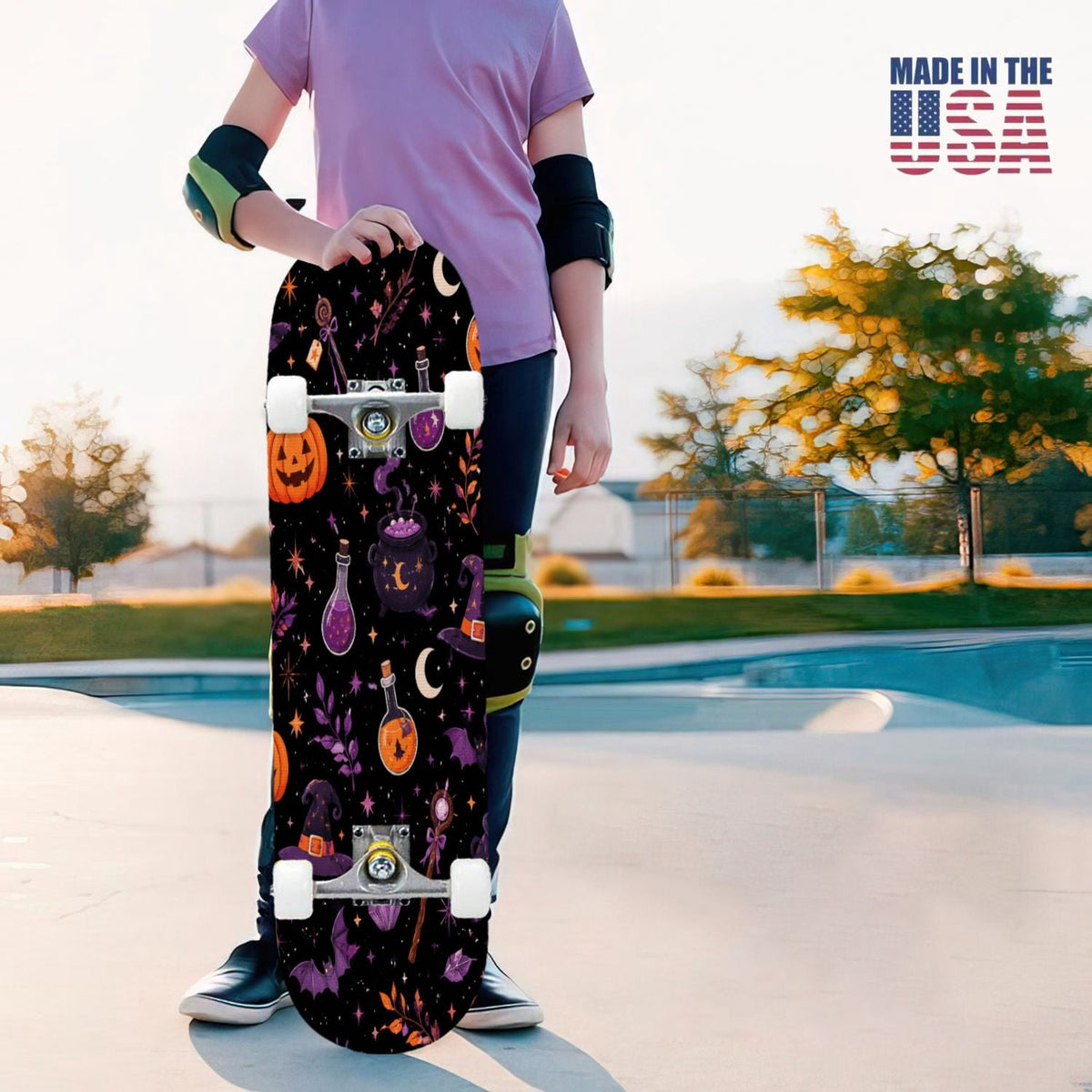 31"x8" Complete Skateboards for Beginners,Halloween Themed Pumpkins Witch Hats Spooky Double Kick 7 Ply Canadian Maple Deck Skateboard with Wheels, Gifts for Kids Teens