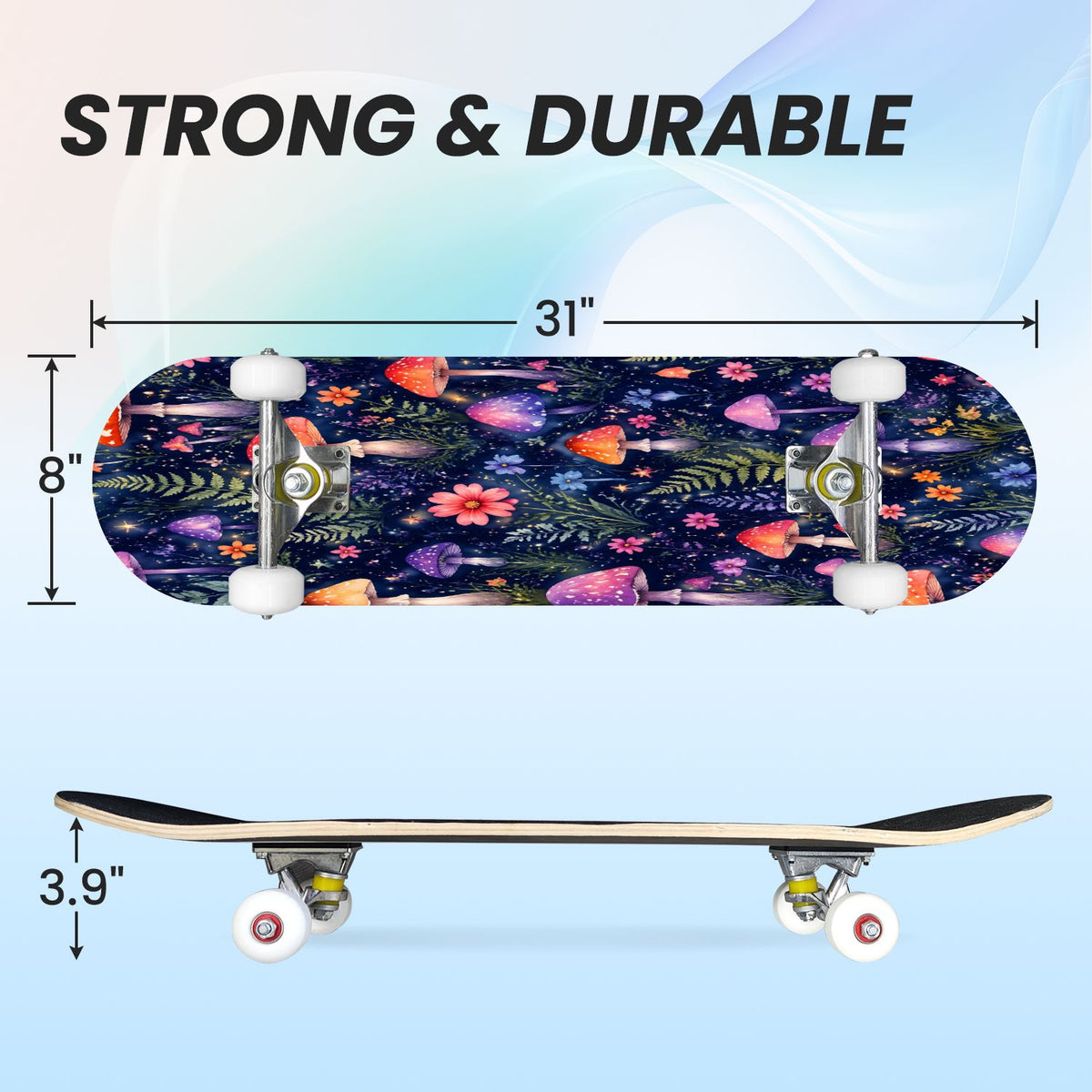 31"x8" Complete Skateboards for Beginners, Colorful Mushroom Floral Magical Night Forest Vintage Double Kick 7 Ply Canadian Maple Deck Skateboard with Wheels, Gifts for Kids Teens