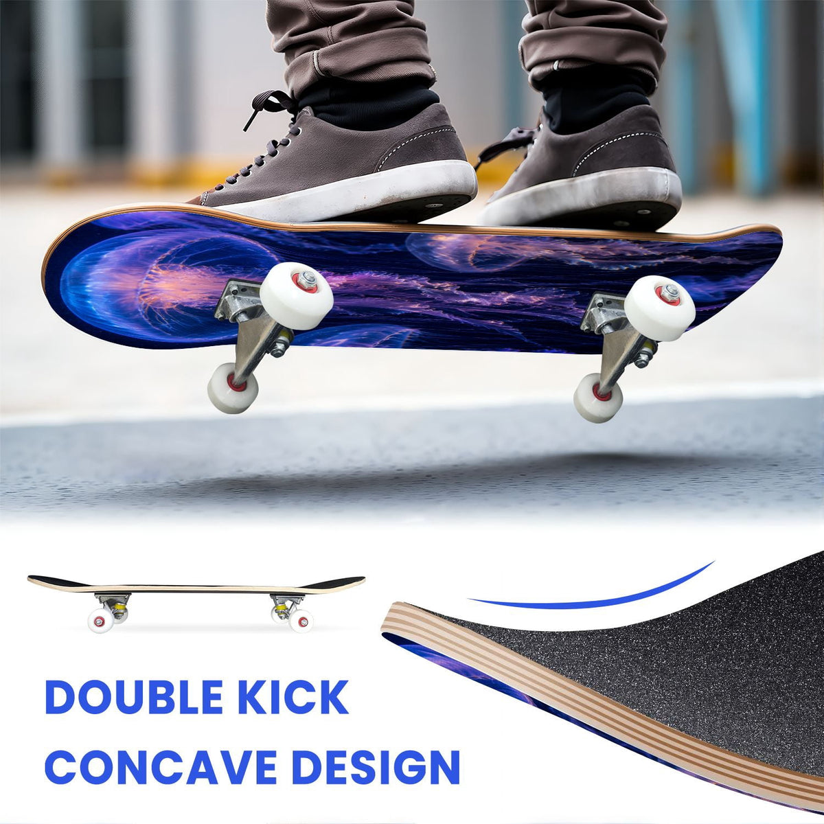 31"x8" Complete Skateboards for Beginners, Underwater Sharks Glowing Purple Jellyfish Marine Life Double Kick 7 Ply Canadian Maple Deck Skateboard with Wheels, Gifts for Kids Teens