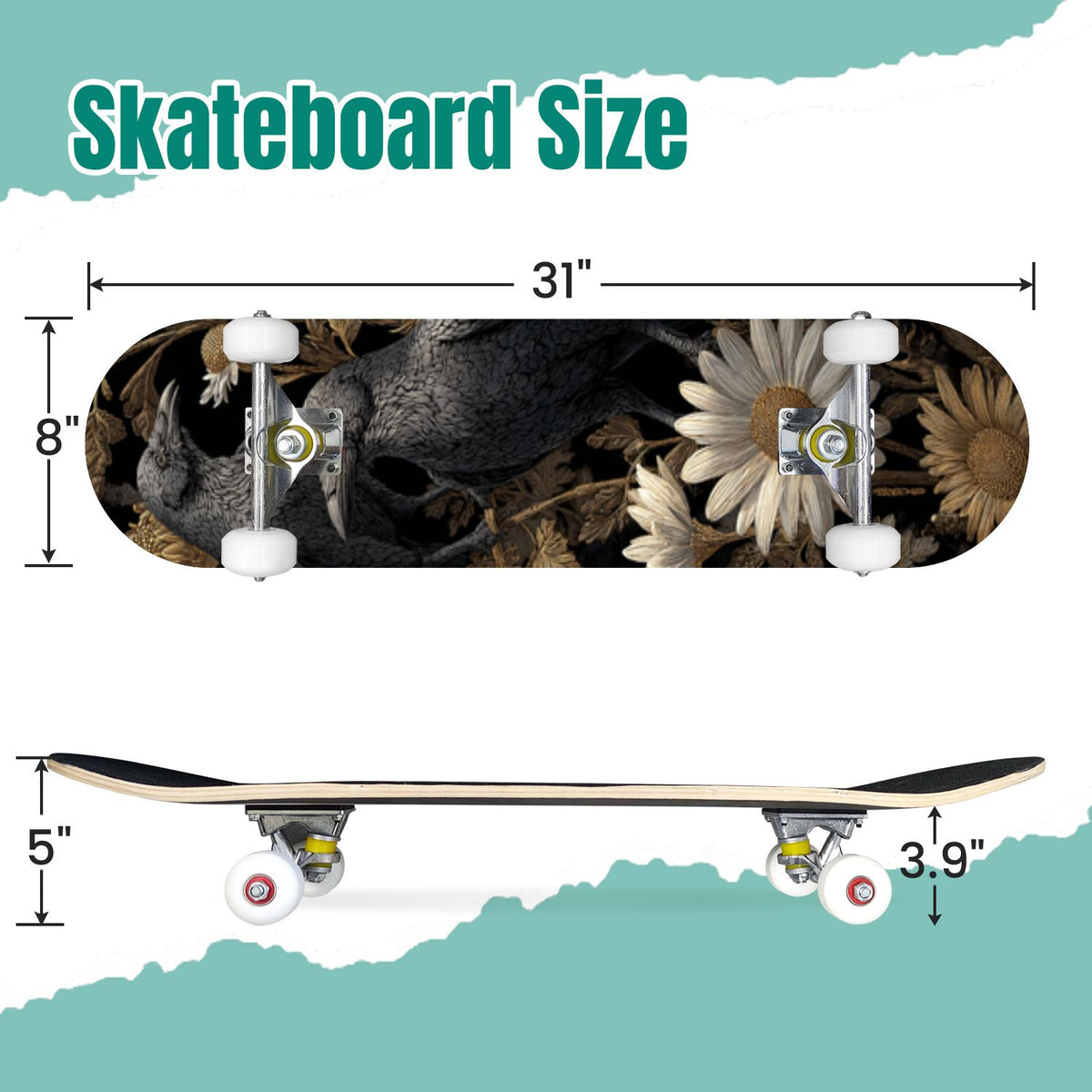 Gothic Purple Blue Floral Dark 31" x 8" Complete Skateboard, 7-Ply Canadian Maple Double Kick Trick Board for Kids and Beginners Adult Gifts