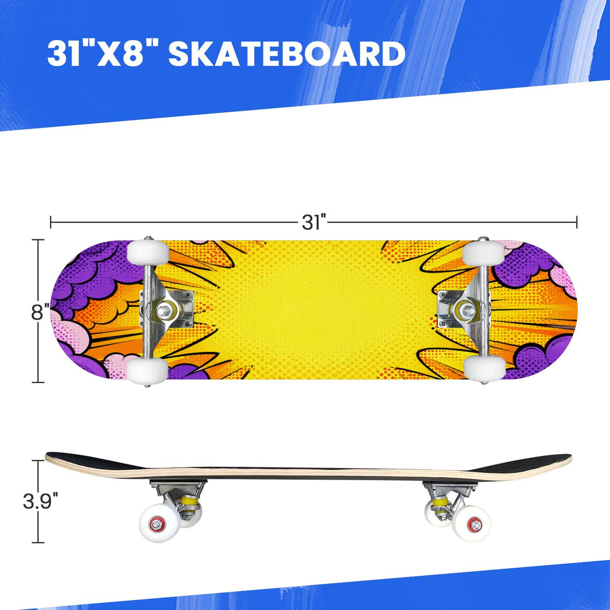 Complete Skateboard Colorful Hearts Graffiti 31 Inch 7-Ply Maple Skateboard with PU Wheels and Aluminum Trucks, Ready-to-Ride Skateboard for Beginners, Teens and Adults