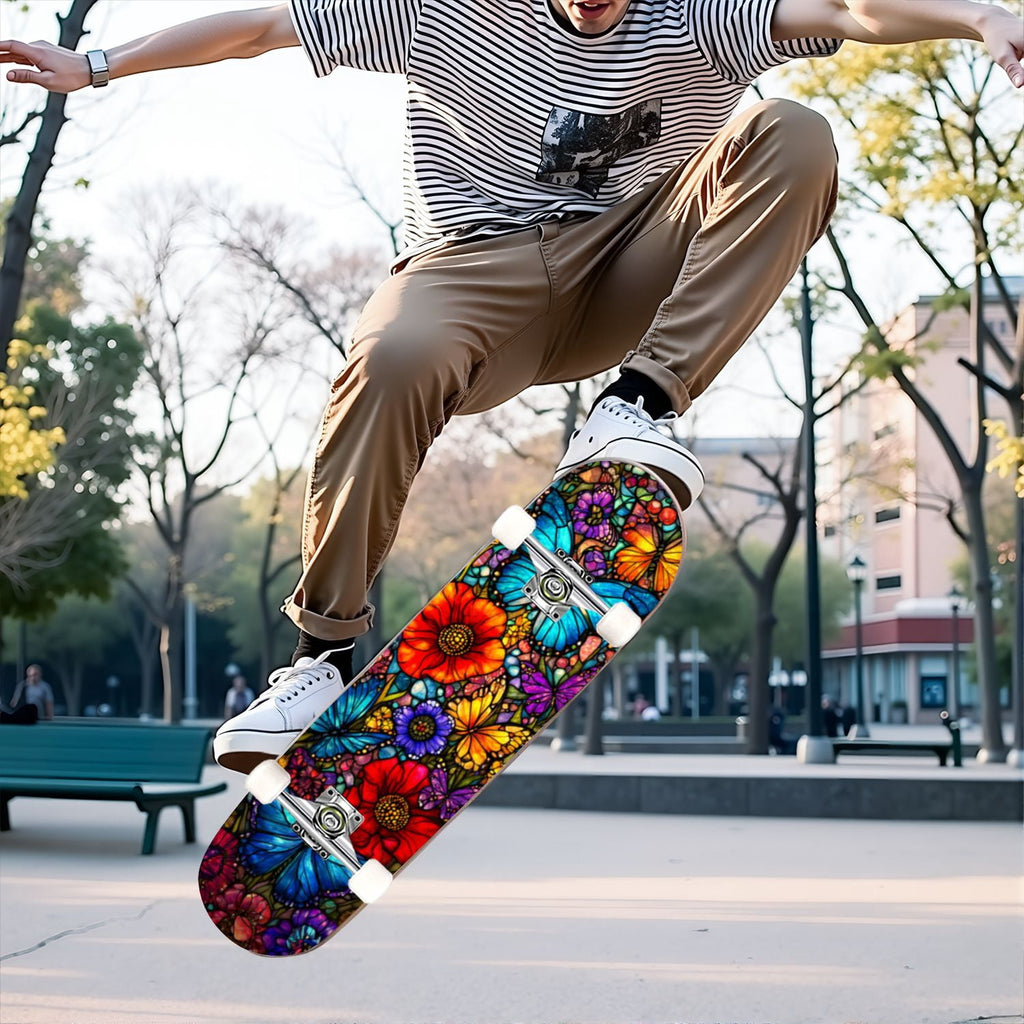 31"x8" Complete Skateboards for Beginners, Vibrant Stained Glass Window Butterflies Flowers Double Kick 7 Ply Canadian Maple Deck Skateboard with Wheels, Gifts for Kids Teens