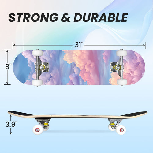 31"x8" Complete Skateboards for Beginners, Pastel Sky Fluffy Clouds Pink Purple Blue Summer Decor Double Kick 7 Ply Canadian Maple Deck Skateboard with Wheels, Gifts for Kids Teens
