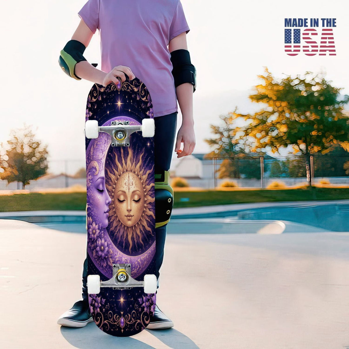 31"x8" Complete Skateboards for Beginners, Purple Celestial Moon Sun Art Floral Stars Double Kick 7 Ply Canadian Maple Deck Skateboard with Wheels, Gifts for Kids Teens