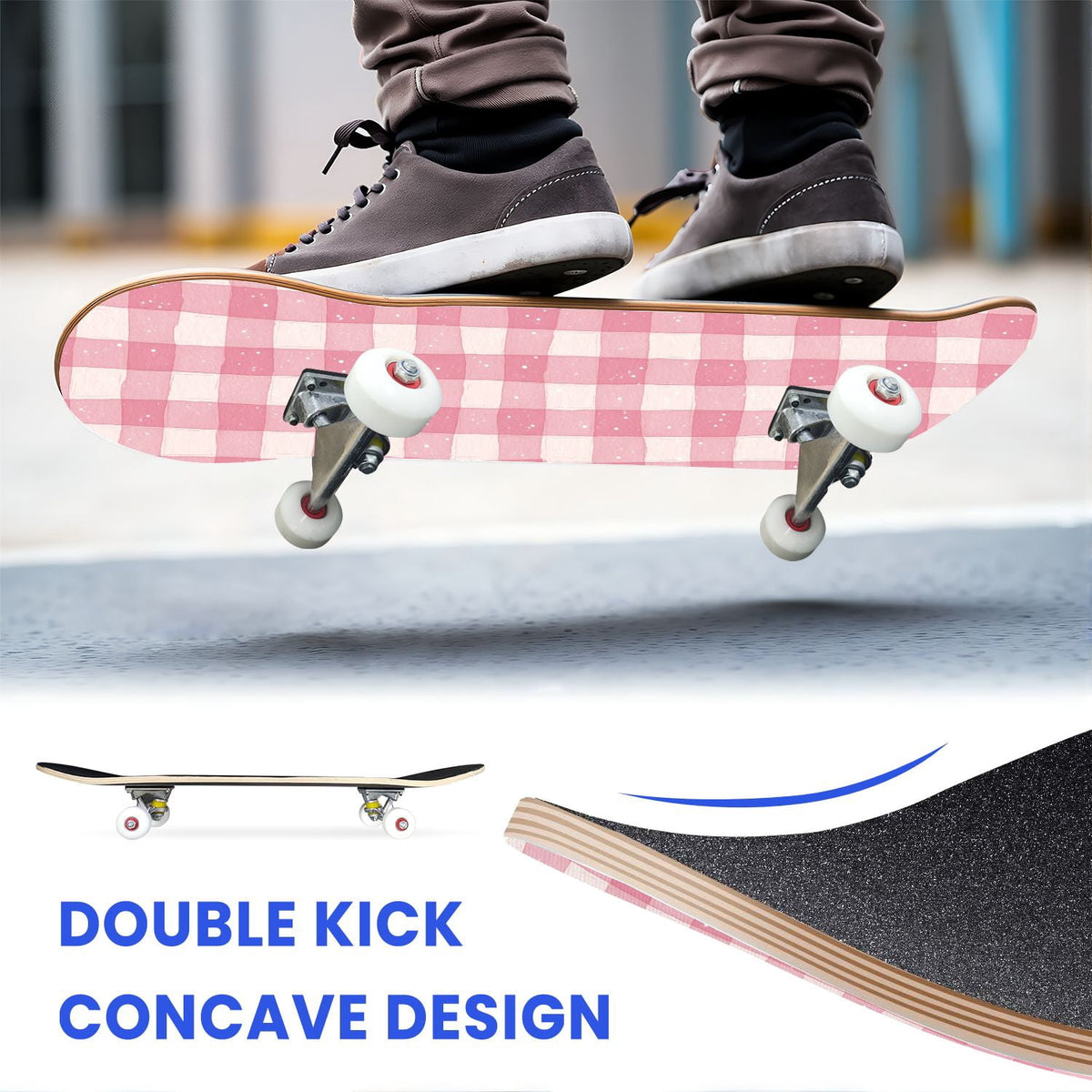 31"x8" Complete Skateboards for Beginners,Pink White Gingham Checkered Subtle Double Kick 7 Ply Canadian Maple Deck Skateboard with Wheels, Gifts for Kids Teens
