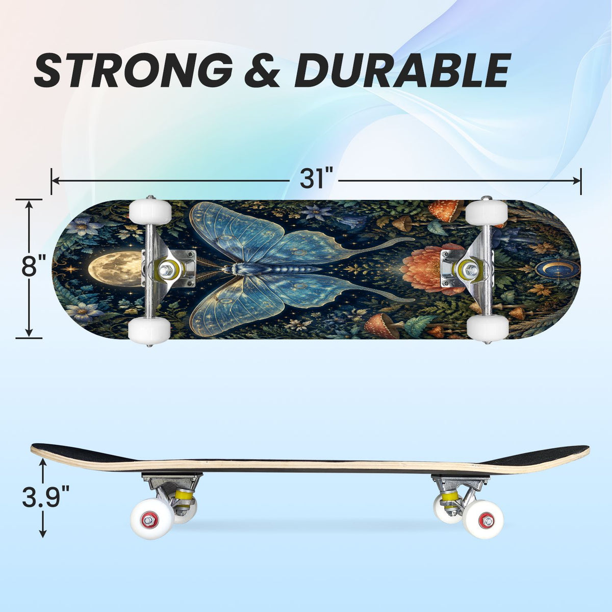31"x8" Complete Skateboards for Beginners, Blue Moth Moonlight Flowers Mushrooms Forest Double Kick 7 Ply Canadian Maple Deck Skateboard with Wheels, Gifts for Kids Teens