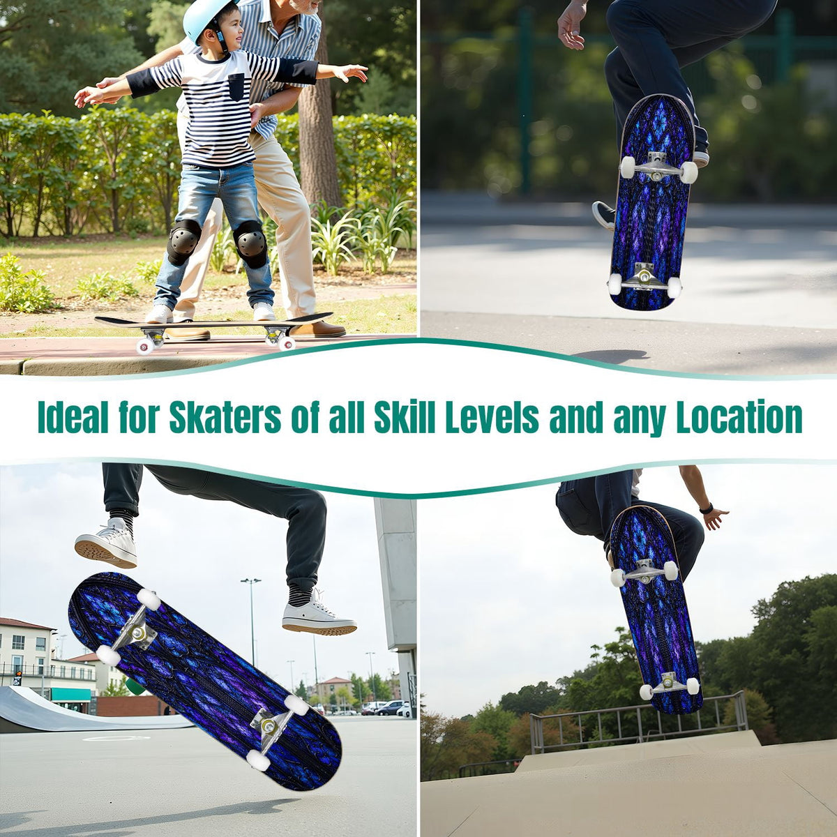 31"x8" Complete Skateboards for Beginners, Purple White Cosmos Flowers Butterflies Watercolor Double Kick 7 Ply Canadian Maple Deck Skateboard with Wheels, Gifts for Kids Teens