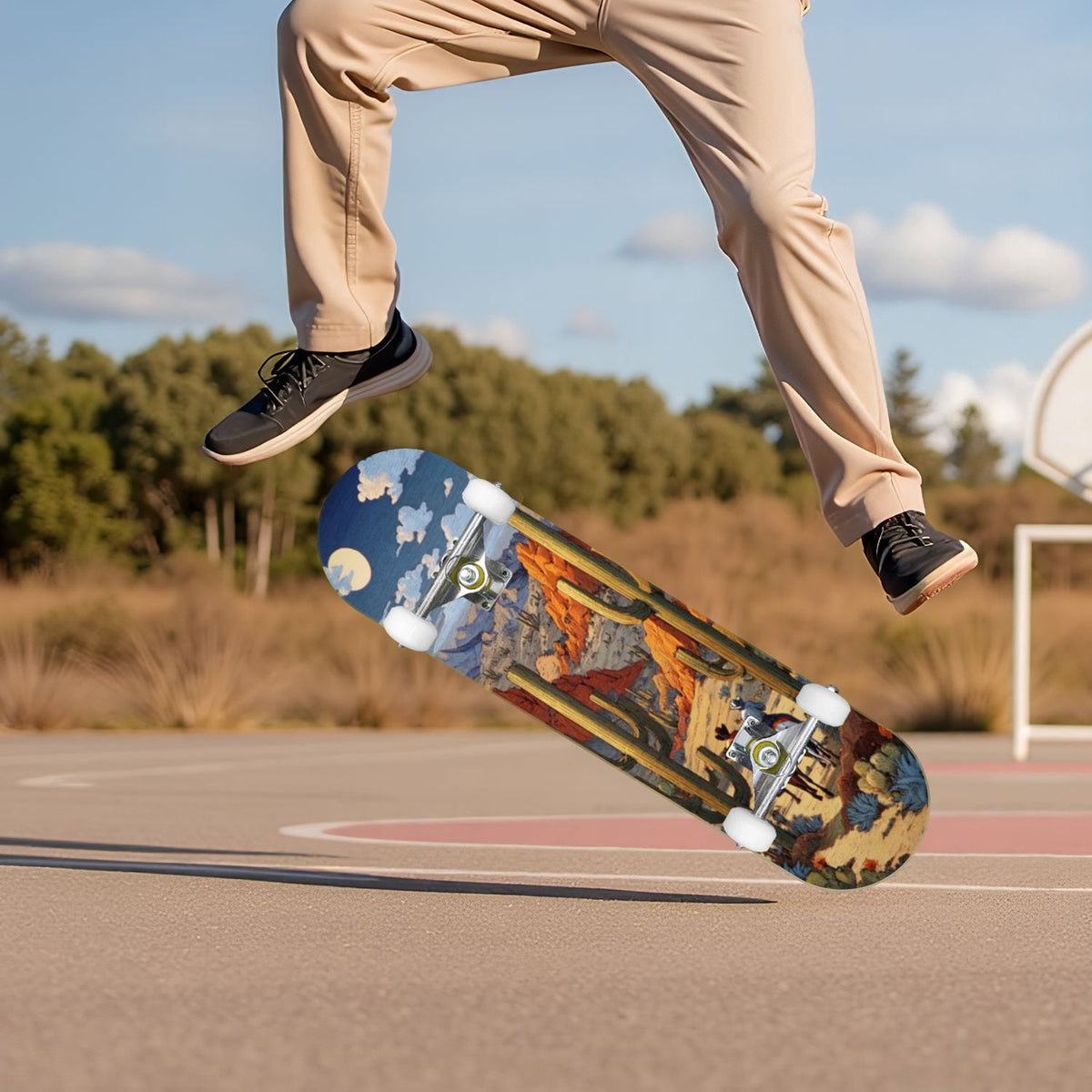 Western Cowboy Horses Desert Landscape 31" x 8" Complete Skateboard, 7-Ply Canadian Maple Double Kick Trick Board for Kids and Beginners Adult Gifts