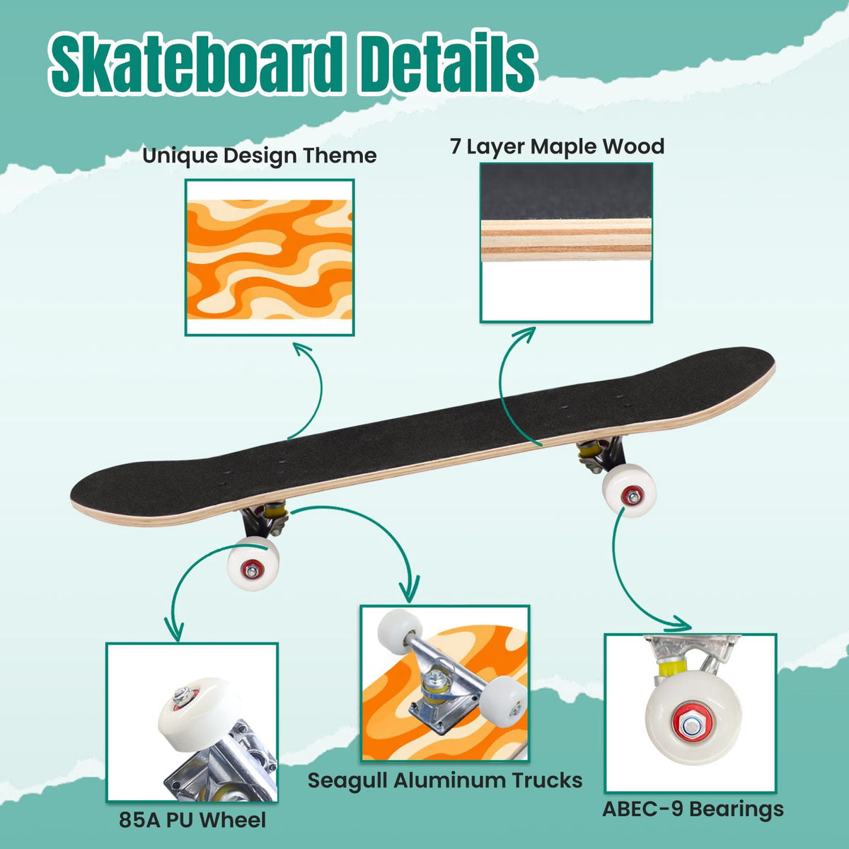 White Birch Tree Bark Natural Knots Horizontal Lines 31" x 8" Complete Skateboard, 7-Ply Canadian Maple Double Kick Trick Board for Kids and Beginners Adult Gifts