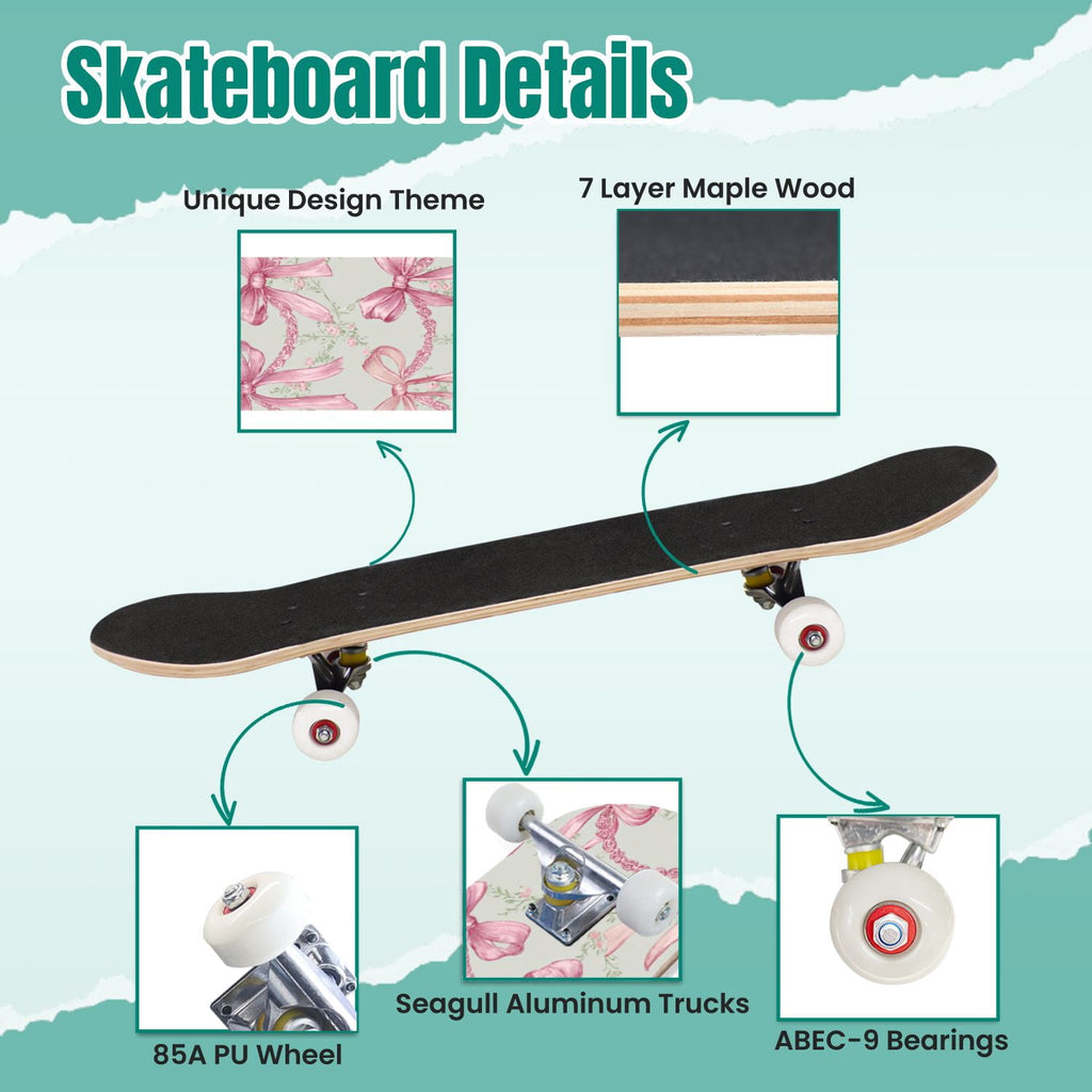Vibrant Floral Bouquet Pink Roses Bright Colors Teal 31" x 8" Complete Skateboard, 7-Ply Canadian Maple Double Kick Trick Board for Kids and Beginners Adult Gifts
