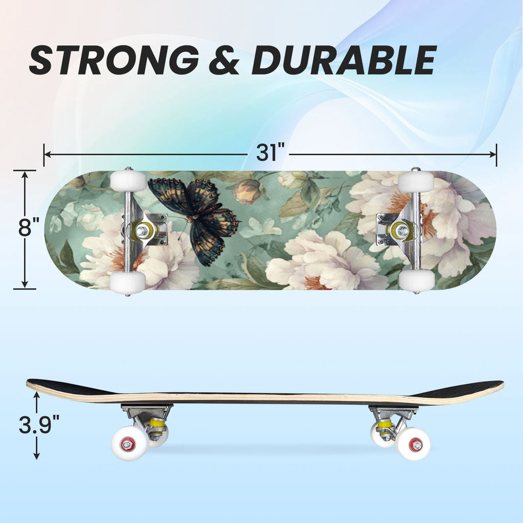 31"x8" Complete Skateboards for Beginners, Whimsical Butterfly Garden Watercolor Art Print Double Kick 7 Ply Canadian Maple Deck Skateboard with Wheels, Gifts for Kids Teens