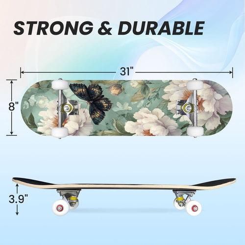 31"x8" Complete Skateboards for Beginners, Whimsical Butterfly Garden Watercolor Art Print Double Kick 7 Ply Canadian Maple Deck Skateboard with Wheels, Gifts for Kids Teens