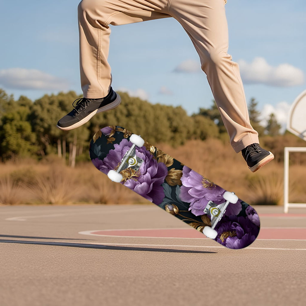 Elegant Cream Peach Peony Floral Green 31" x 8" Complete Skateboard, 7-Ply Canadian Maple Double Kick Trick Board for Kids and Beginners Adult Gifts